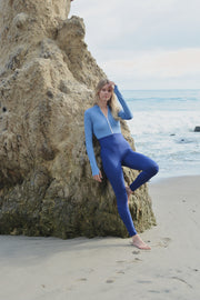 WOMEN'S "HIGH-WAIST" FRONT ZIP UPF 50+ SUN PROTECTIVE FULL BODY LONG SWIMSUIT - LIGHT BLUE TOP + DARK BLUE LEG
