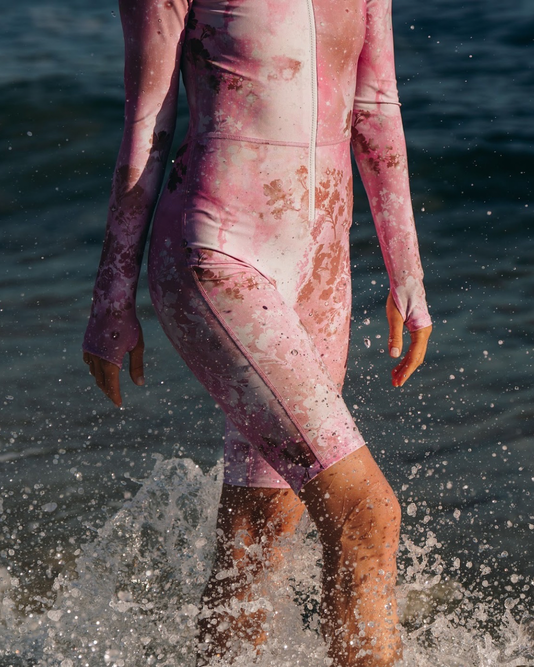 Women's Short "Knee Length" Front Zip UPF 50+ Sun Protective Biker Swimsuit - Pink Sky