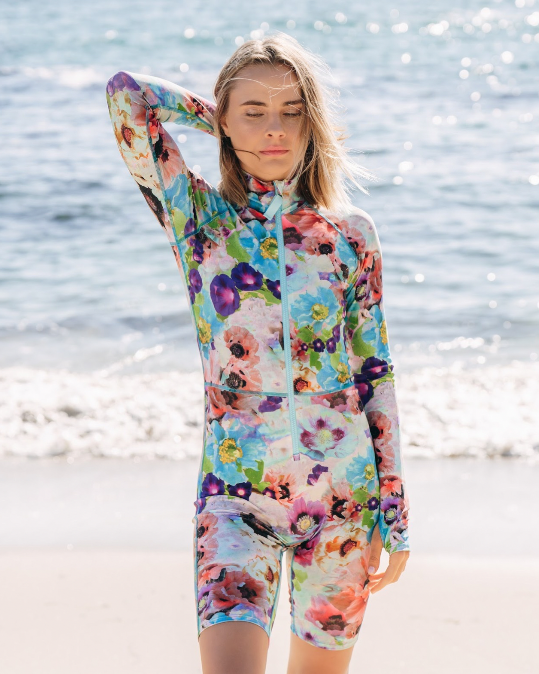 Women's Short "Knee Length" Front Zip UPF 50+ Sun Protective Biker  - Sea Poppy BudSwimsuit