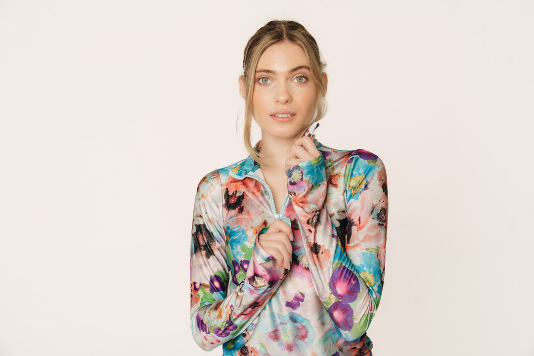 Women's Henley Rash Guard - Sea Poppy Bud