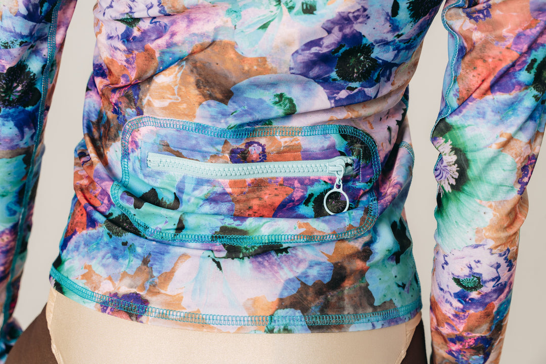 Women's Zip Rash Guard With Back Pocket - Neon Blue Poppy
