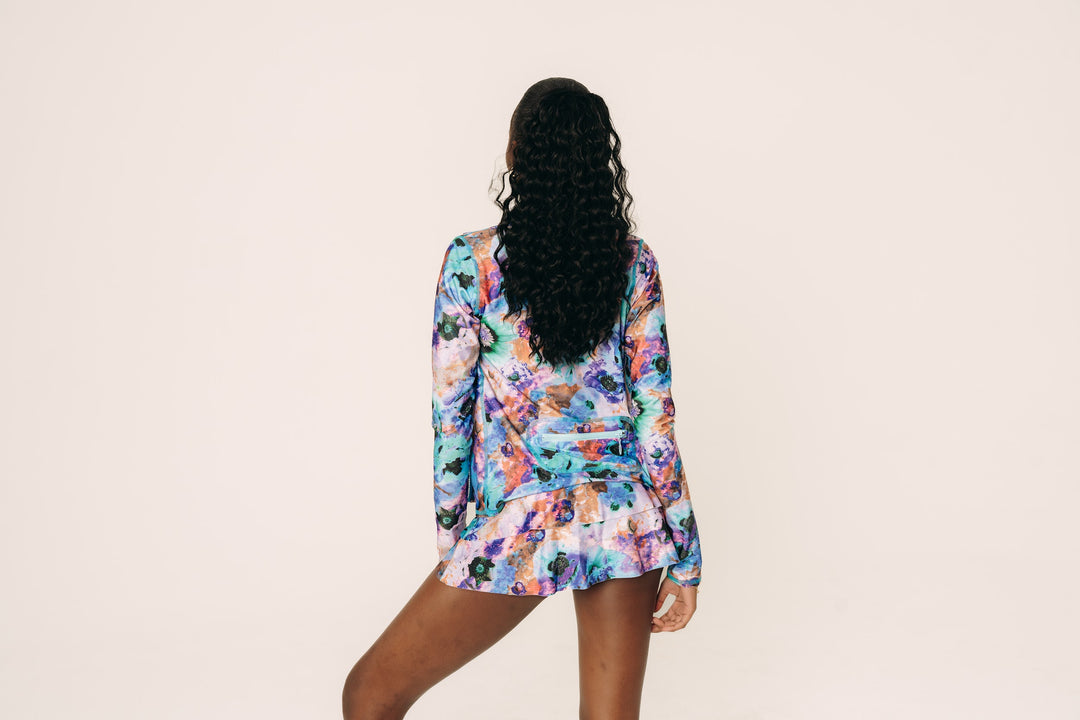 Women's Zip Rash Guard With Back Pocket - Neon Blue Poppy