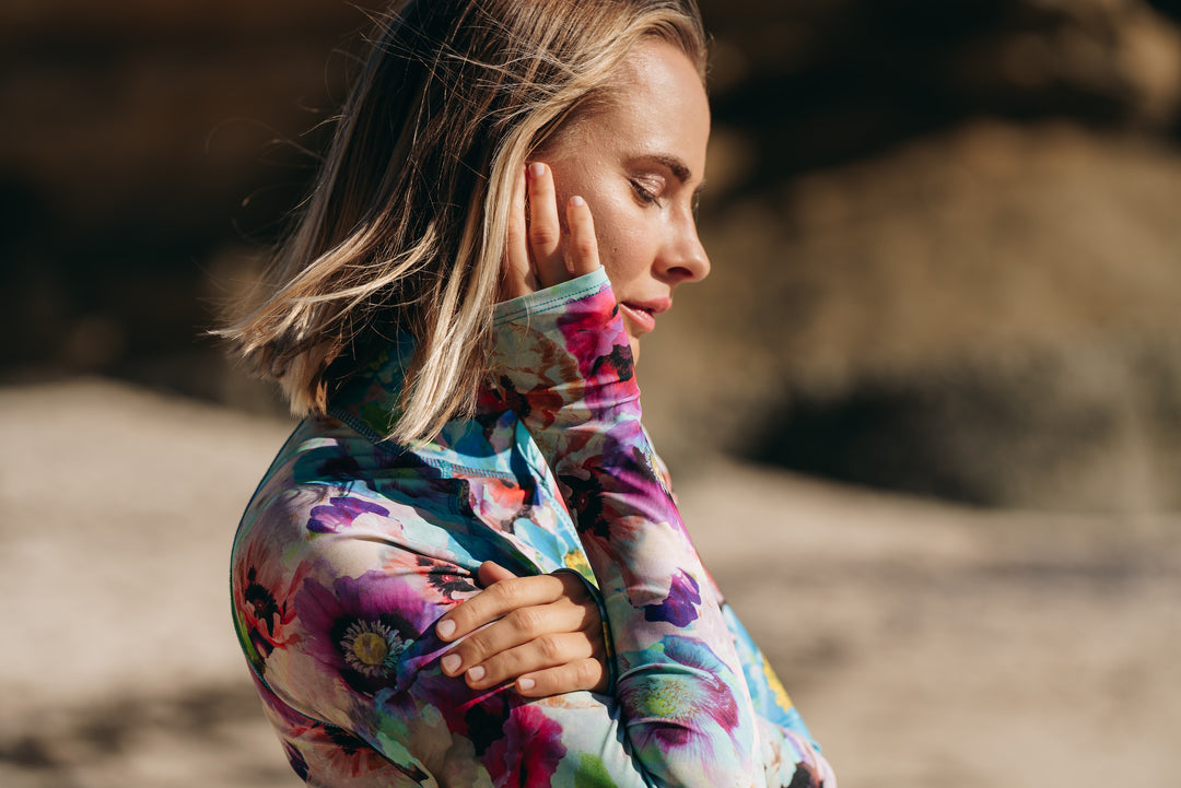 Women's Short "Knee Length" Front Zip UPF 50+ Sun Protective Biker  - Sea Poppy BudSwimsuit