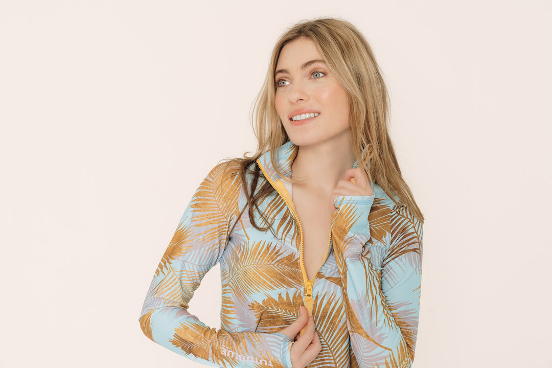 Women's Henley Rash Guard - Misty Palm