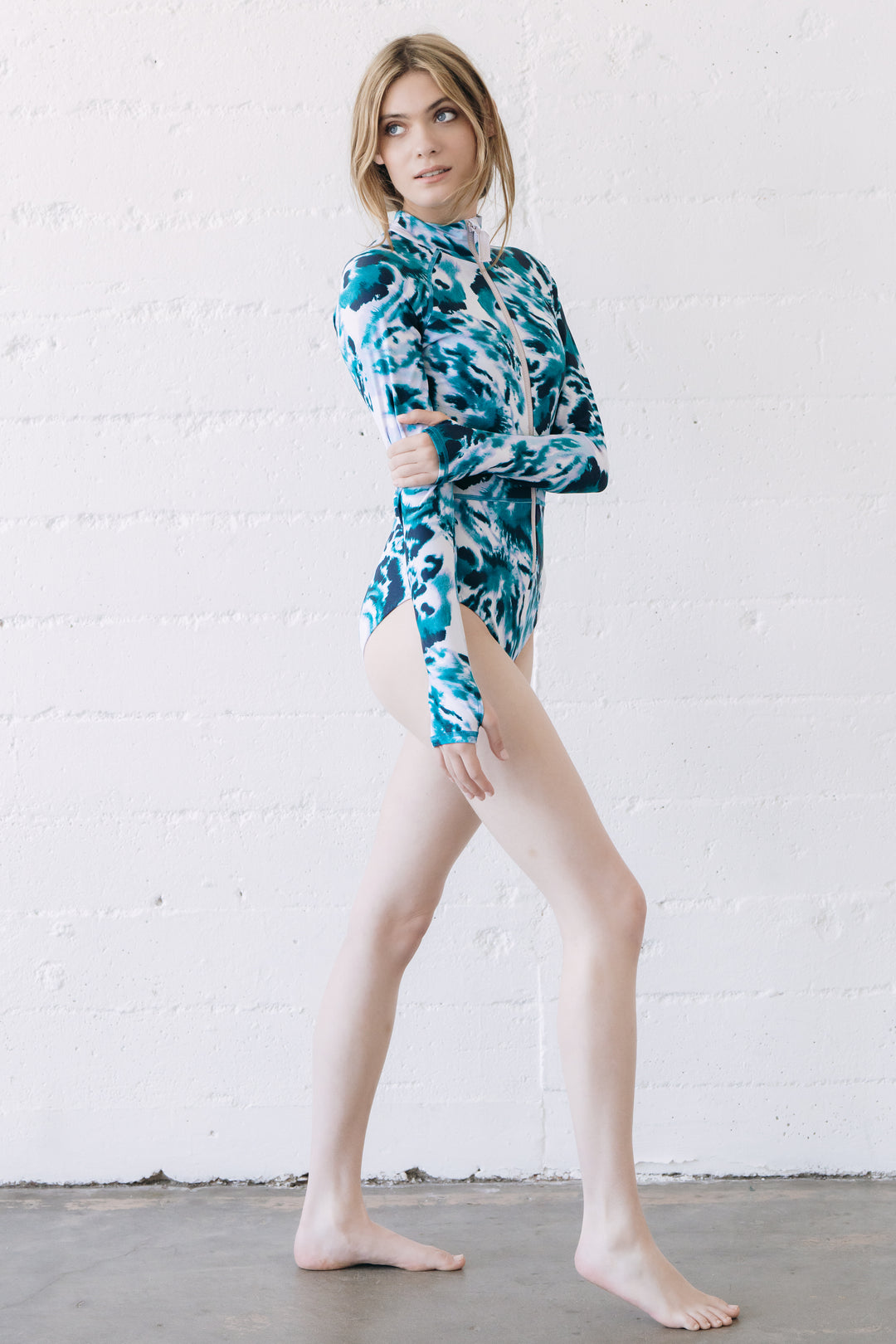 Women's One Piece Long Sleeve Swimsuit - Ocean Leopard (Runs Small)