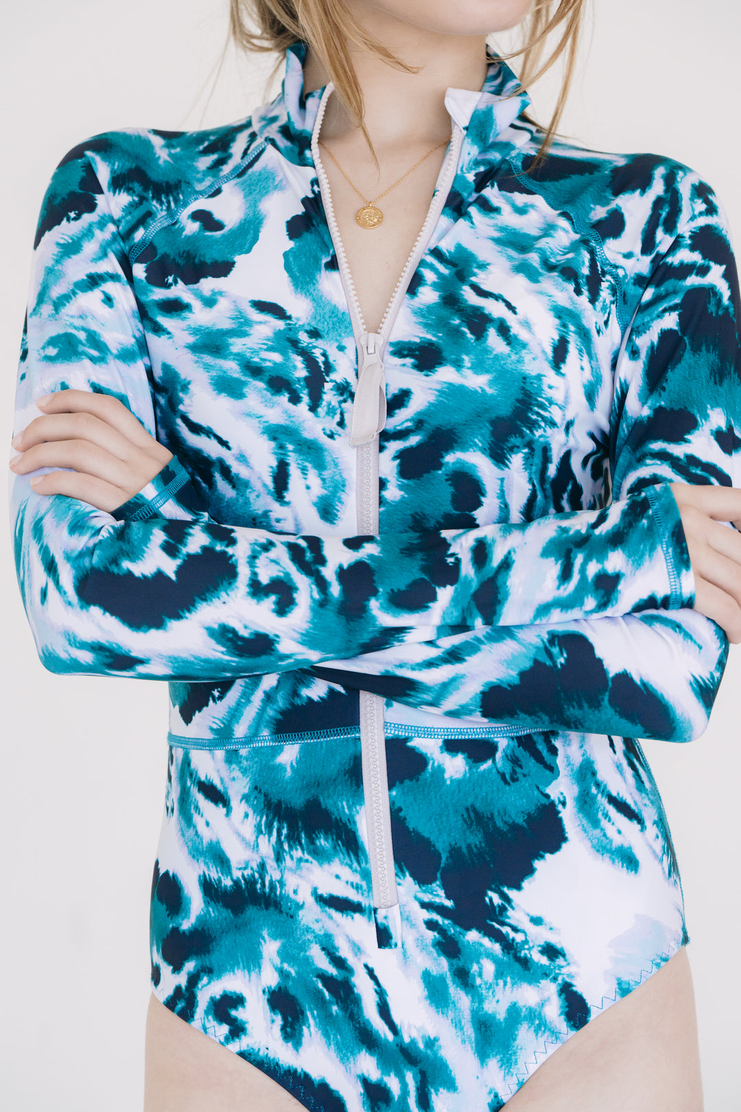 Women's One Piece Long Sleeve Swimsuit - Ocean Leopard (Runs Small)