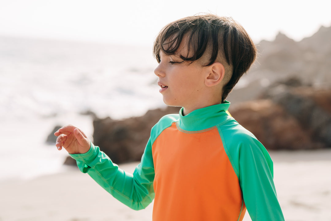 Boy's Short Body Swimsuit - UPF 50+ Sun Protective Swimwear - Jade w/Tangerine