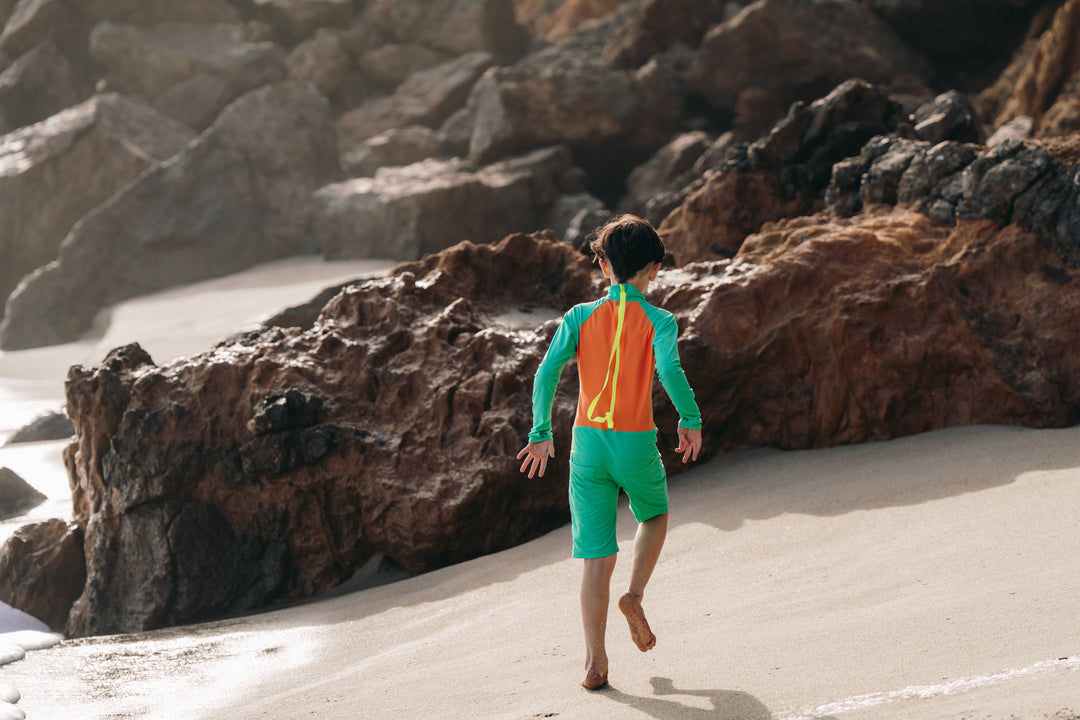 Boy's Short Body Swimsuit - UPF 50+ Sun Protective Swimwear - Jade w/Tangerine