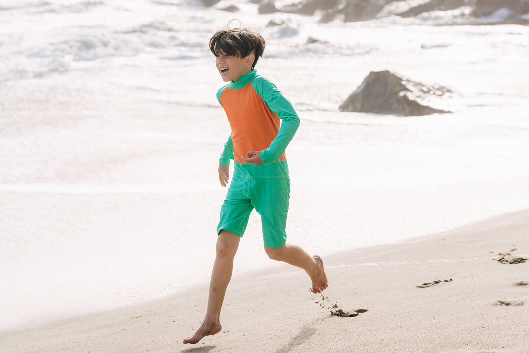 Boy's Short Body Swimsuit - UPF 50+ Sun Protective Swimwear - Jade w/Tangerine