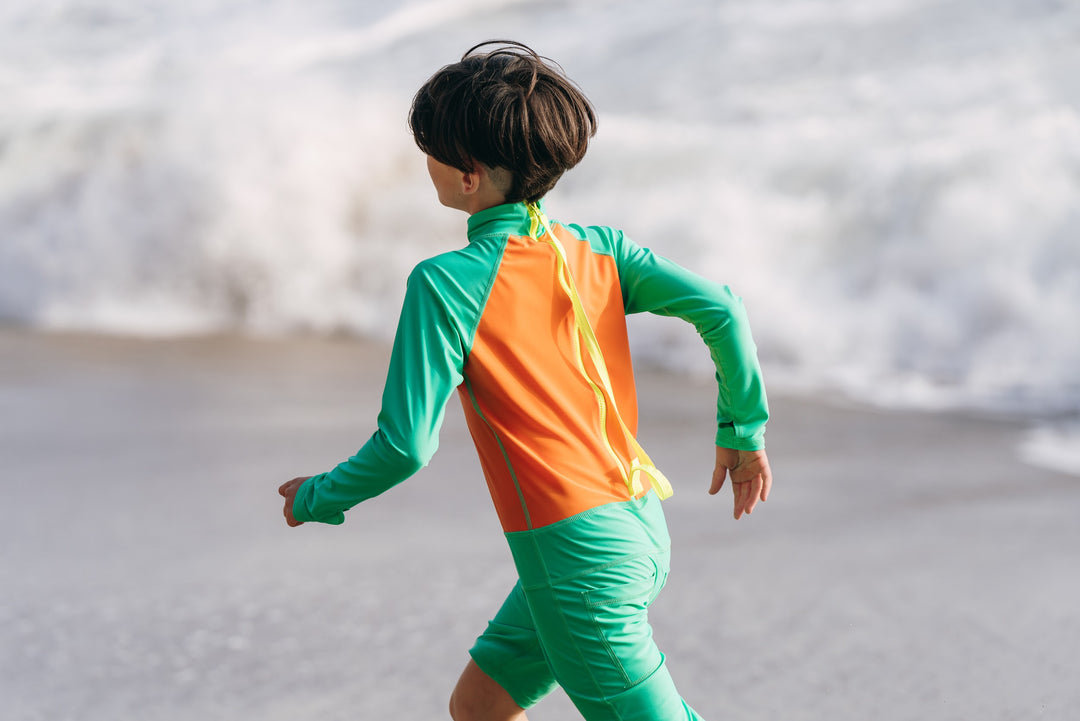 Boy's Short Body Swimsuit - UPF 50+ Sun Protective Swimwear - Jade w/Tangerine