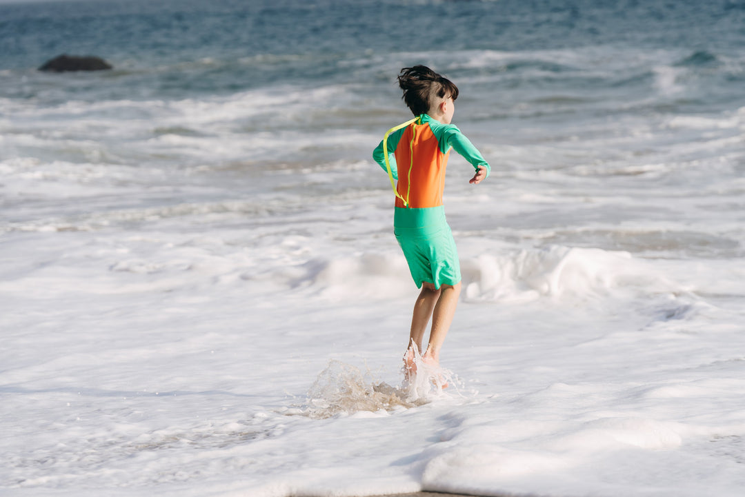 Boy's Short Body Swimsuit - UPF 50+ Sun Protective Swimwear - Jade w/Tangerine
