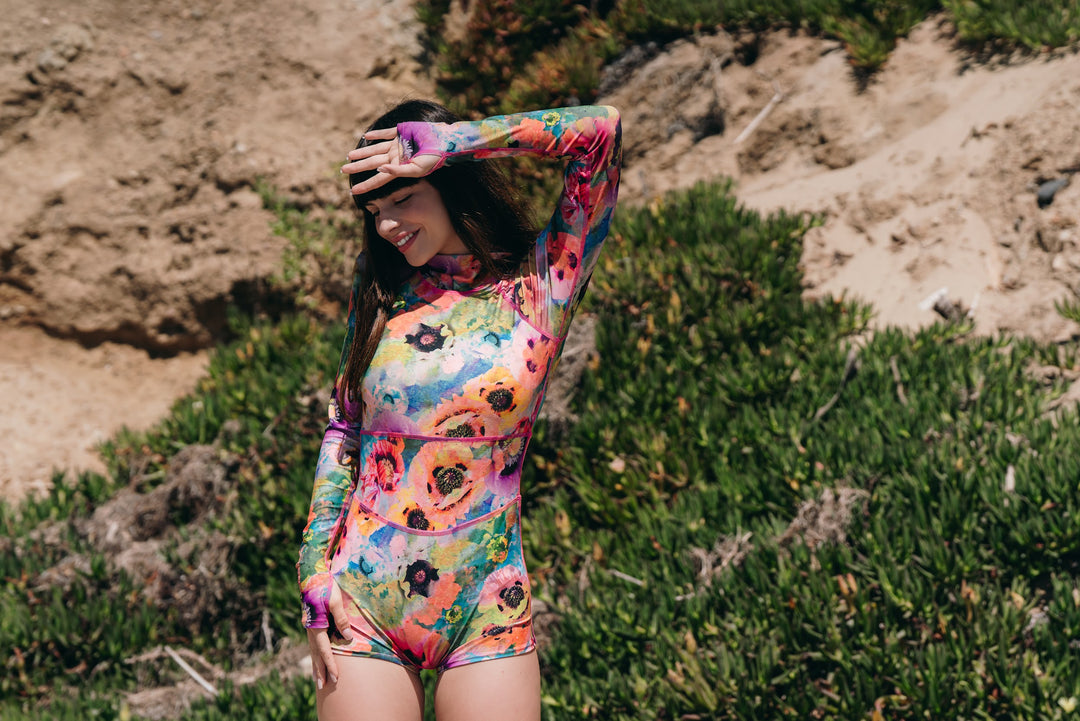 Women's UPF 50+ Sun Protective Long Sleeve "Shorty" Swimsuit - Sea Poppy Pink