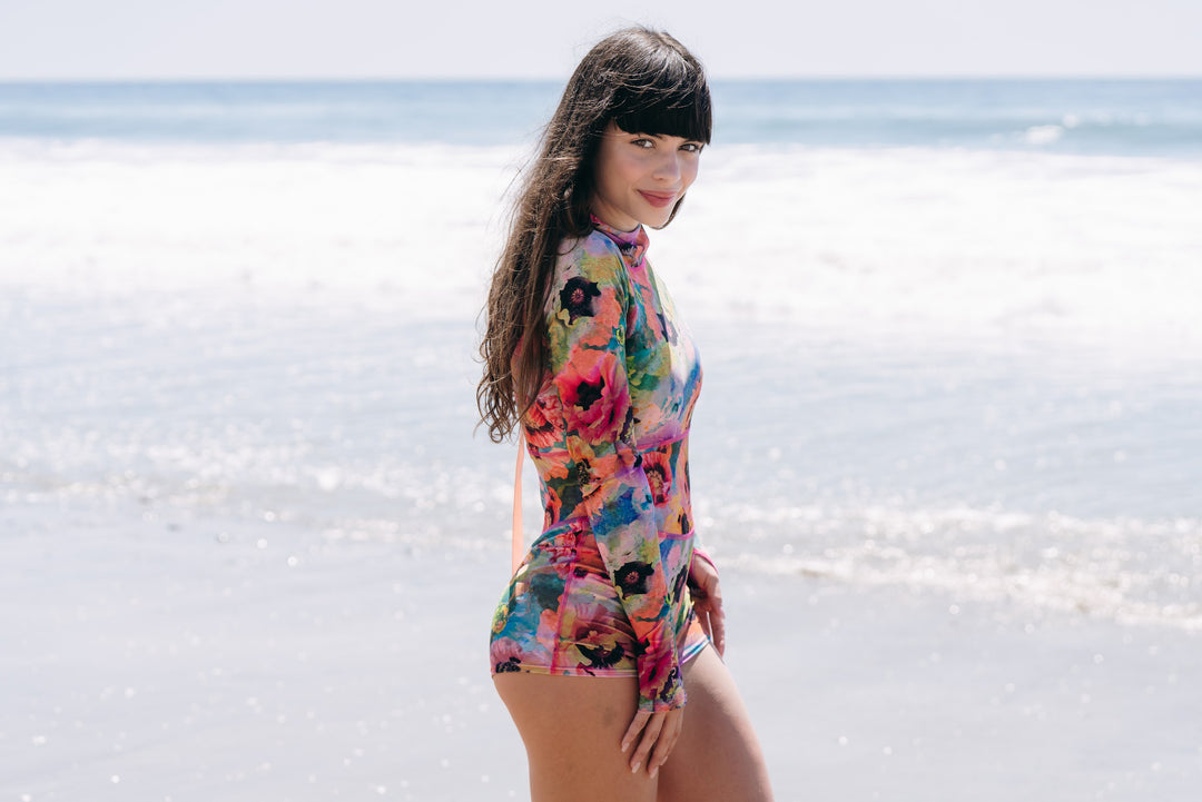 Women's UPF 50+ Sun Protective Long Sleeve "Shorty" Swimsuit - Sea Poppy Pink