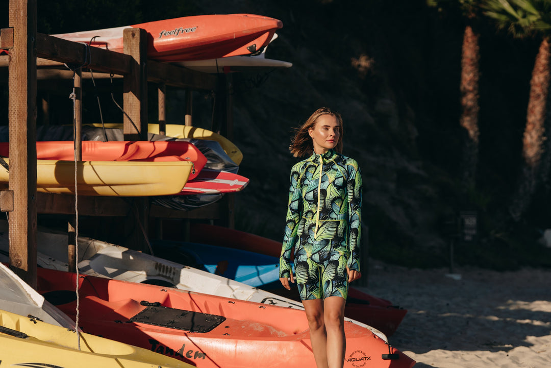 Women's Short "Knee Length" Front Zip UPF 50+ Sun Protective Biker Swimsuit - Turq Flyer