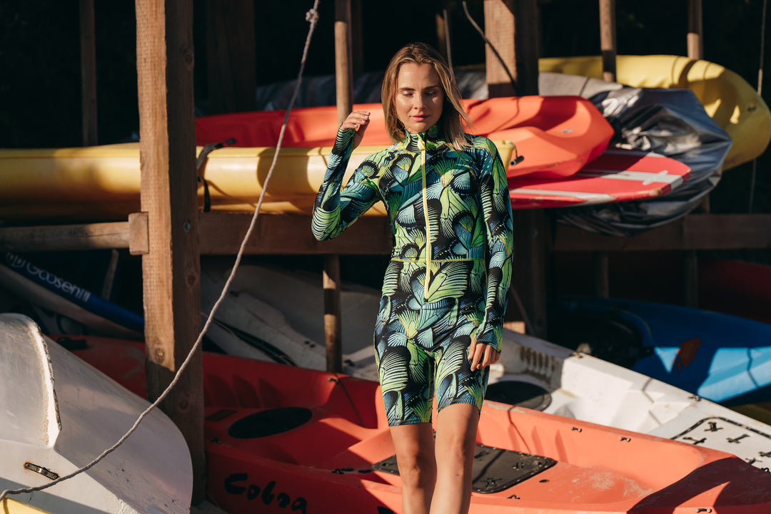 Women's Short "Knee Length" Front Zip UPF 50+ Sun Protective Biker Swimsuit - Turq Flyer