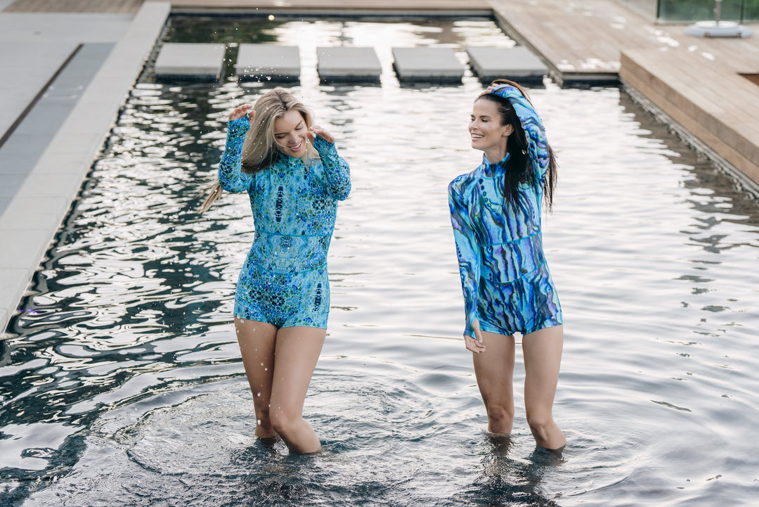 Women's UPF 50+ Sun Protective Long Sleeve "Shorty" Swimsuit - Blue Abalone