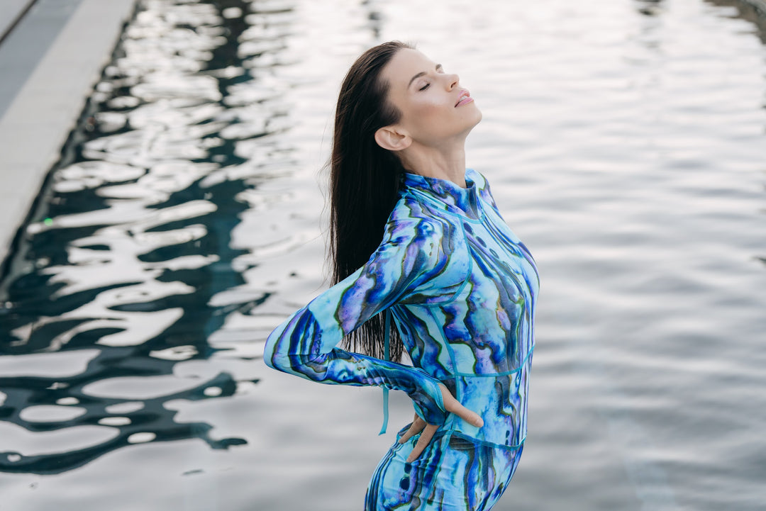 Women's UPF 50+ Sun Protective Long Sleeve "Shorty" Swimsuit - Blue Abalone