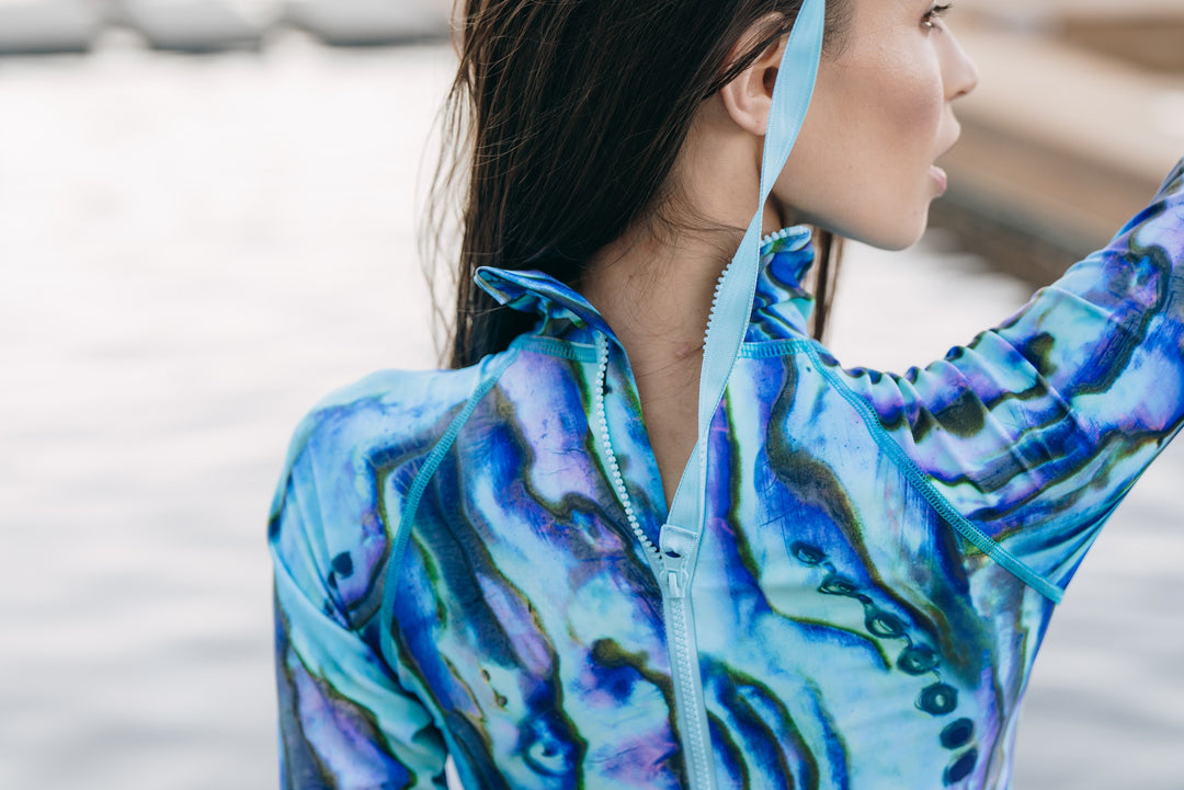 Women's UPF 50+ Sun Protective Long Sleeve "Shorty" Swimsuit - Blue Abalone