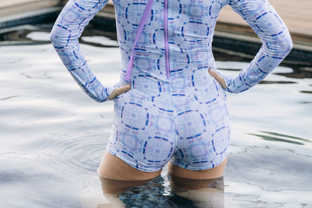 Women's UPF 50+ Sun Protective Long Sleeve "Shorty" Swimsuit - Groove Wave