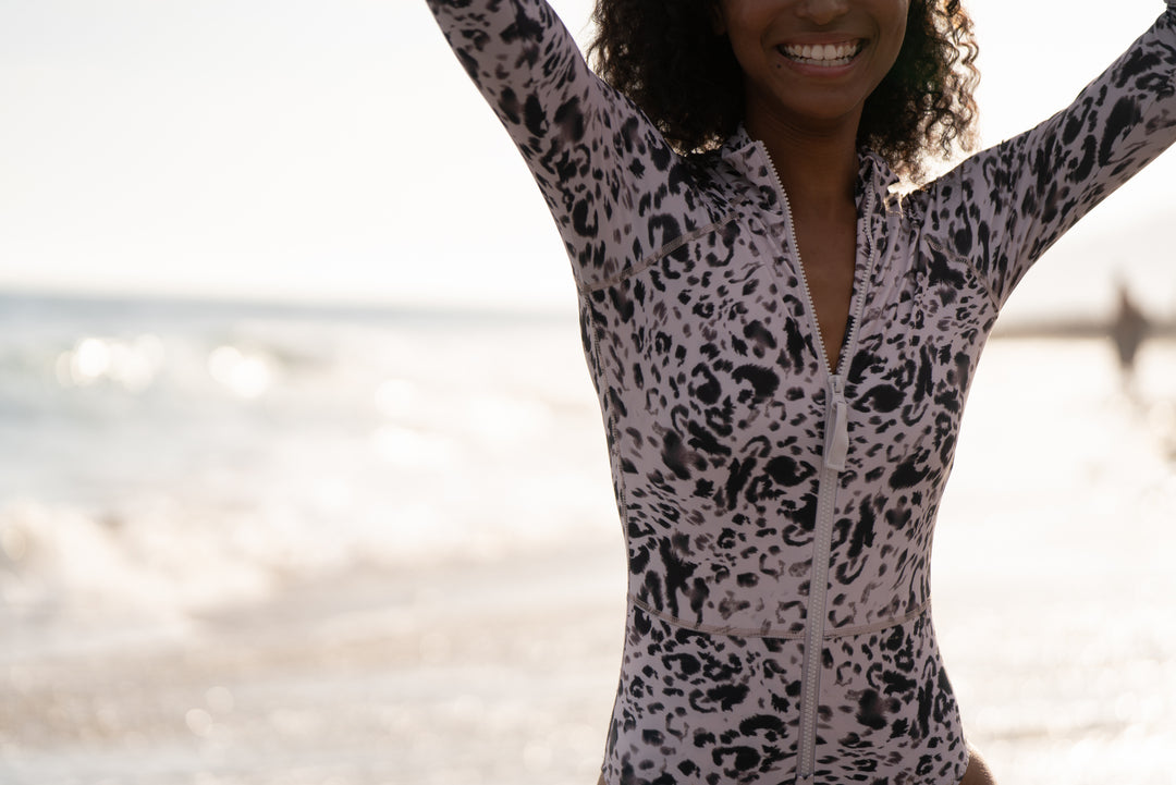 Women's One Piece Long Sleeve Swimsuit - Sand Leopard (Runs Small)