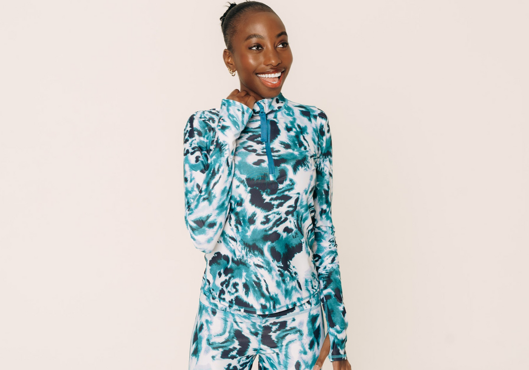 Women's Henley Rash Guard - Ocean Leopard