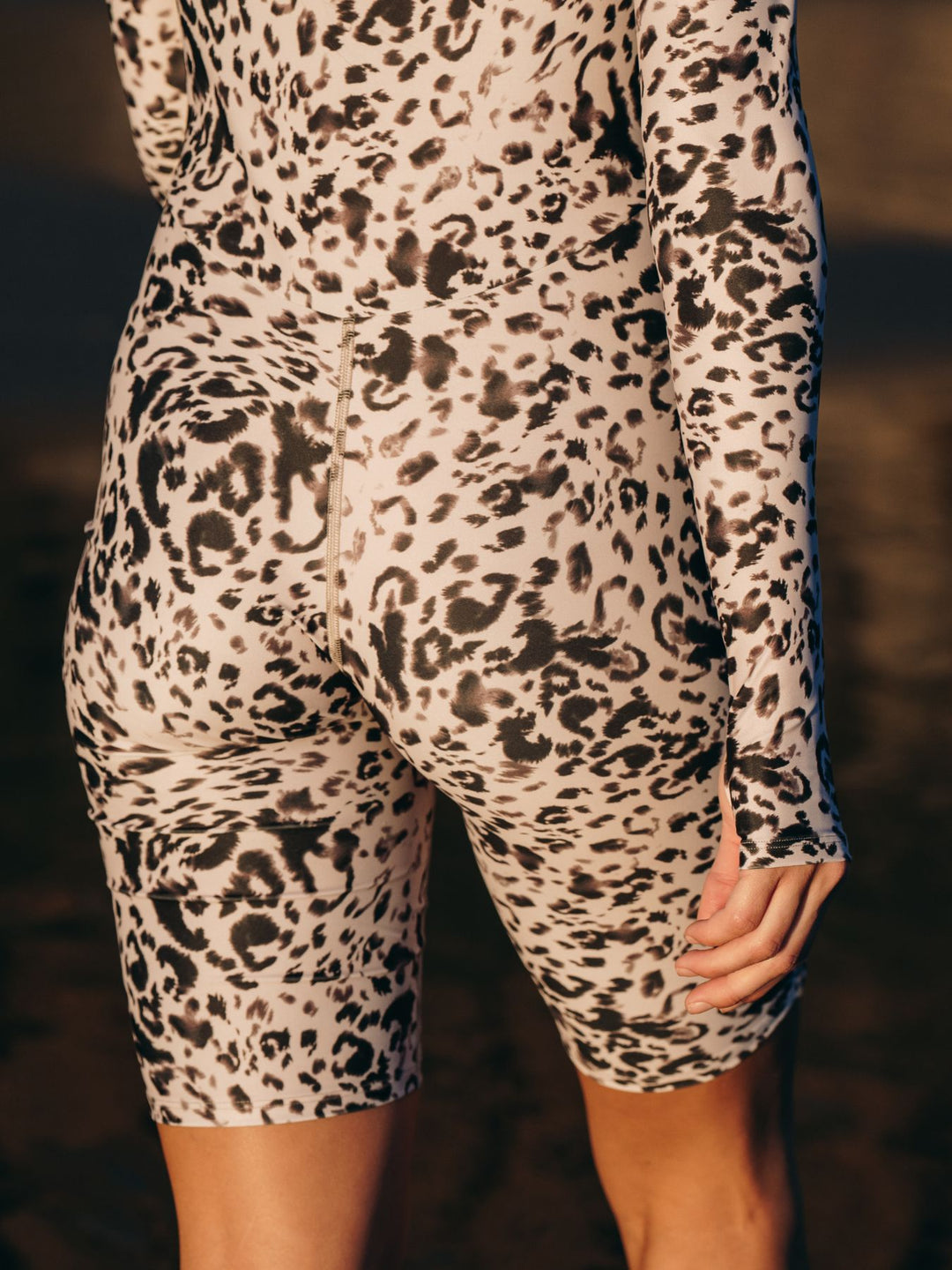 Women's Short "Knee Length" Front Zip UPF 50+ Sun Protective Biker Swimsuit - Sand Leopard