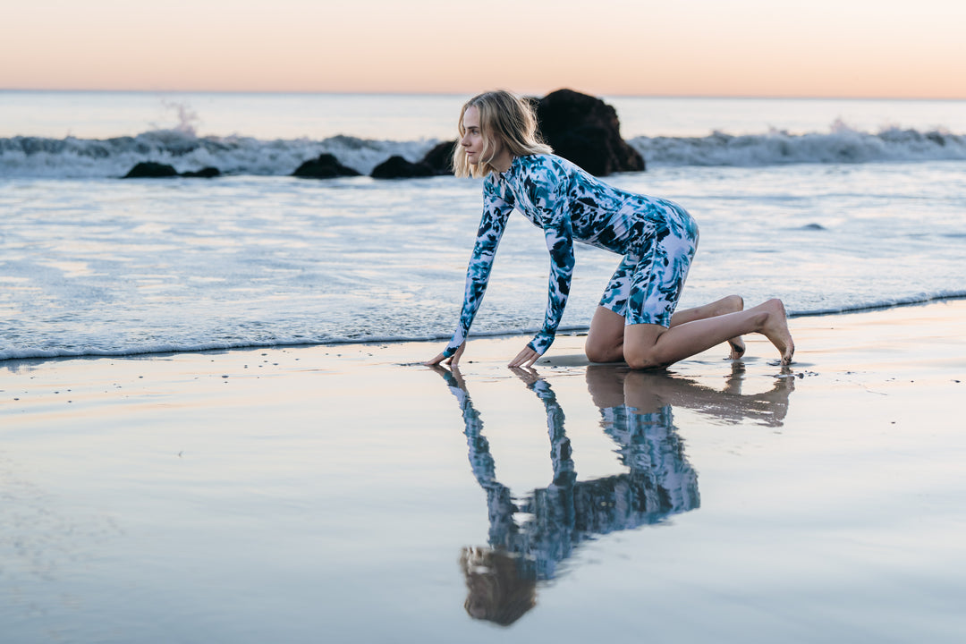 Women's Short "Knee Length" Front Zip UPF 50+ Sun Protective Biker Swimsuit - Ocean Leopard