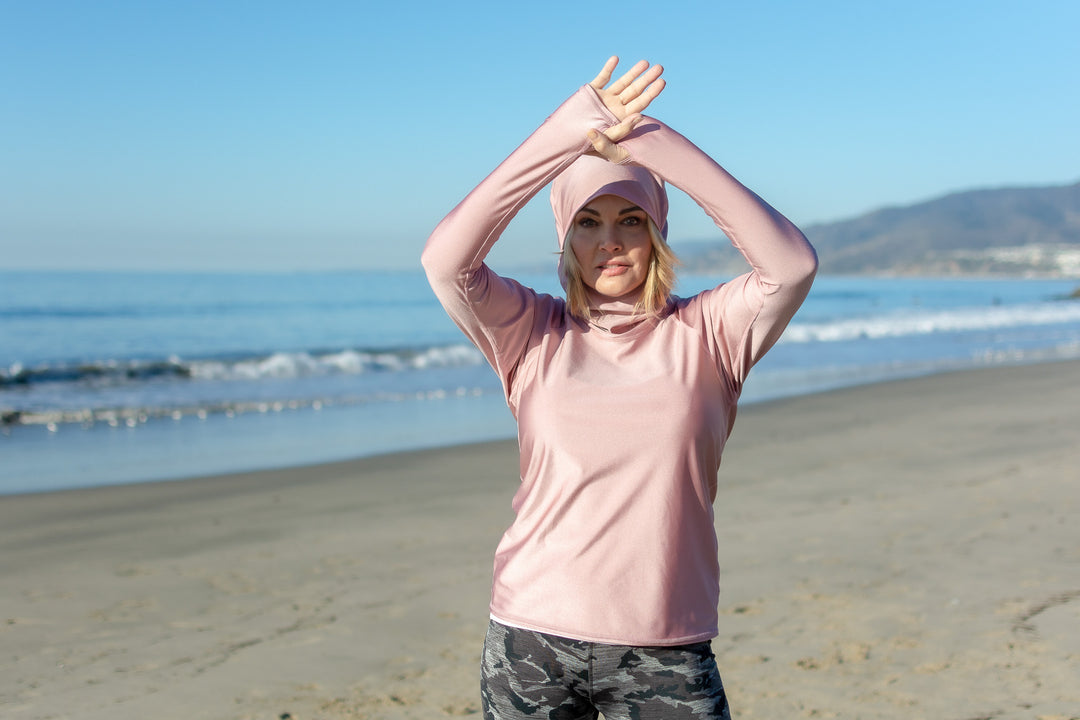 Women's Hooded Pullover Rash  - Rose (Sheer When Wet)