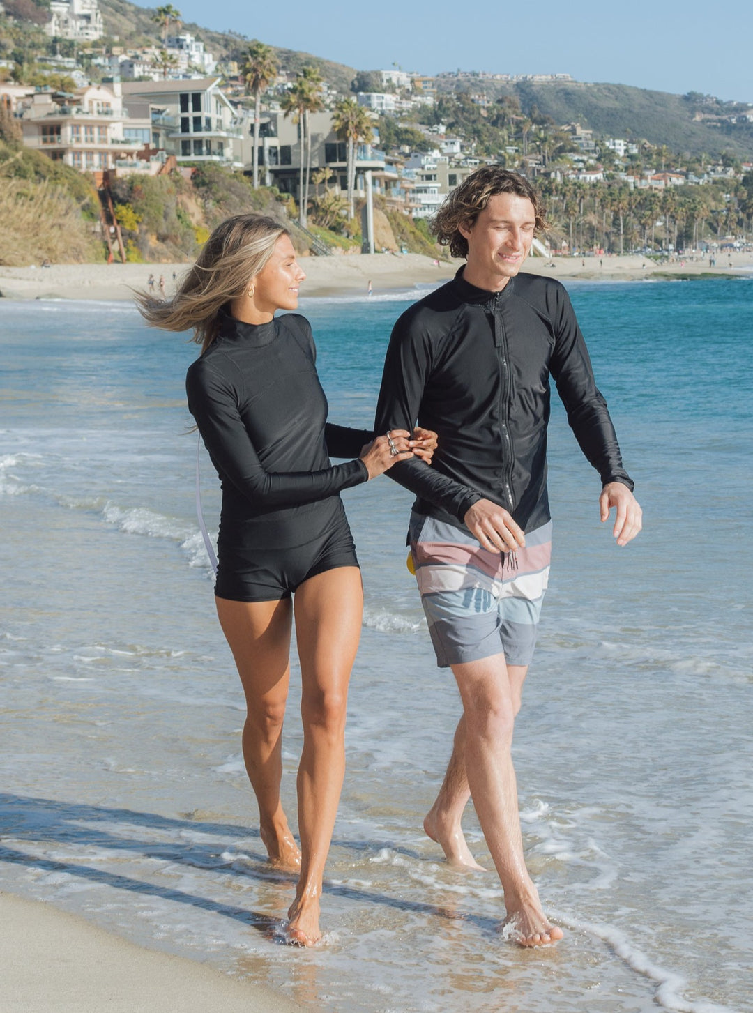 Women's "Classic" UPF 50+ Sun Protective Short Swimsuit - Black w/ White Zipper