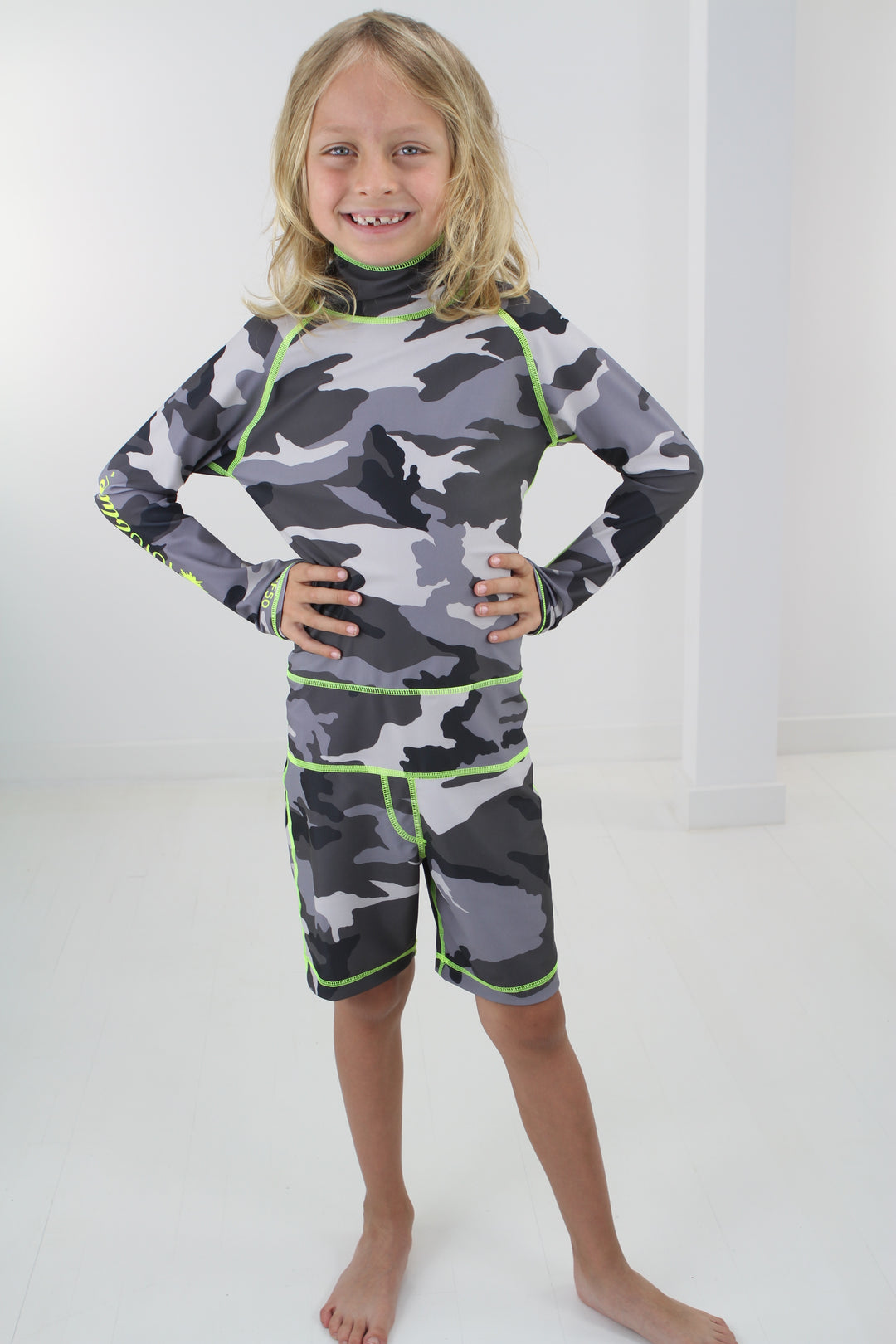 Boy's Short Body Swimsuit - UPF 50+ Sun Protective Swimwear - Grey Camo