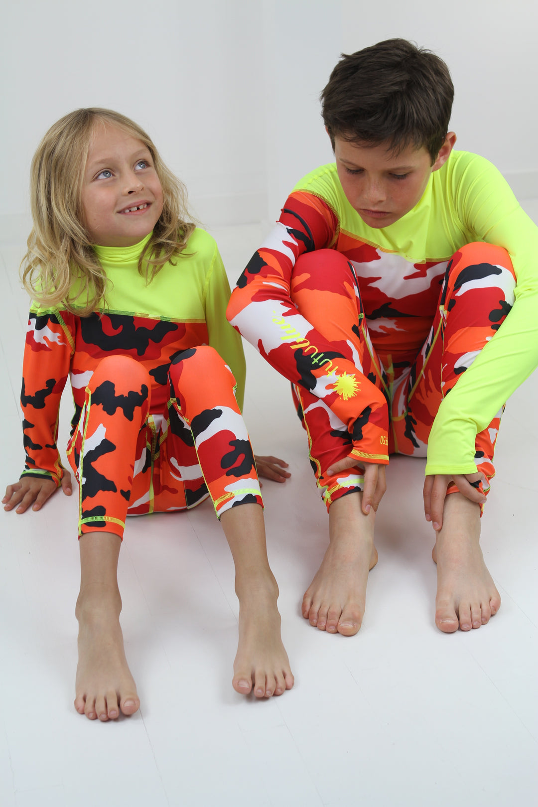 Boy's Full Body Swimsuit - UPF 50+ Sun Protective Swimwear - Red Camo w/ Yellow