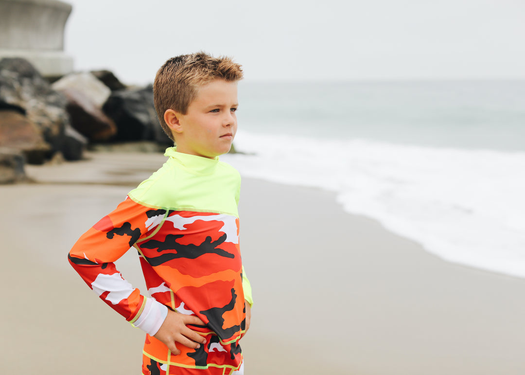 Boy's Full Body Swimsuit - UPF 50+ Sun Protective Swimwear - Red Camo w/ Yellow