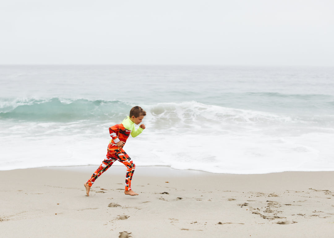 Boy's Full Body Swimsuit - UPF 50+ Sun Protective Swimwear - Red Camo w/ Yellow