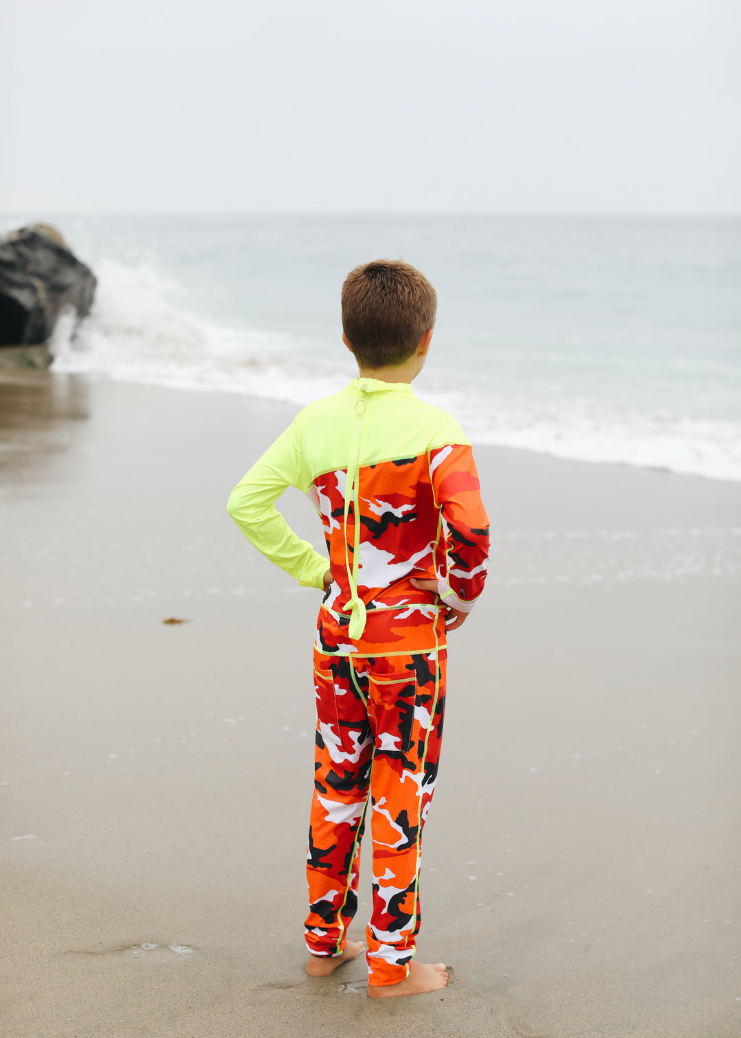 Boy's Full Body Swimsuit - UPF 50+ Sun Protective Swimwear - Red Camo w/ Yellow