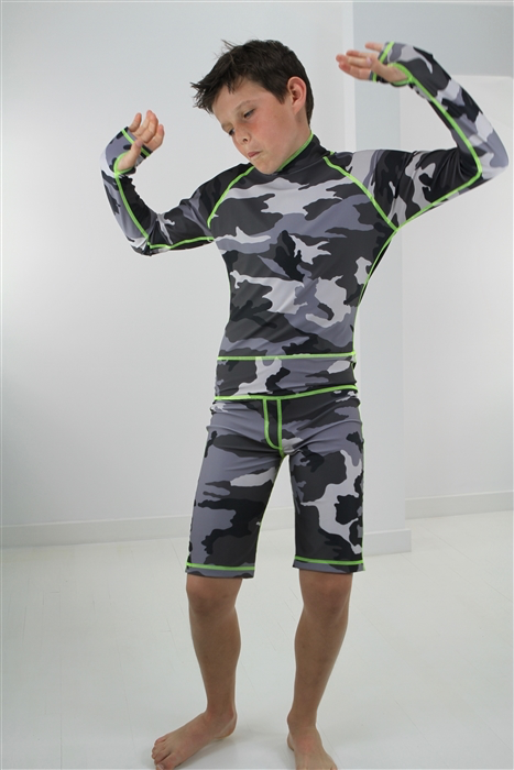 Boy's Short Body Swimsuit - UPF 50+ Sun Protective Swimwear - Grey Camo
