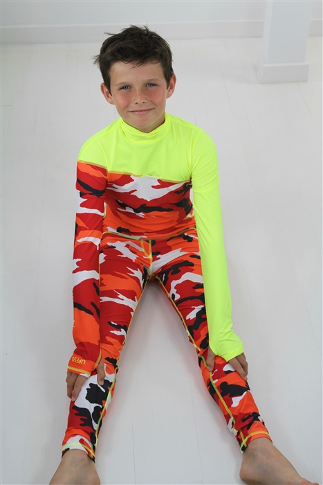 Boy's Full Body Swimsuit - UPF 50+ Sun Protective Swimwear - Red Camo w/ Yellow