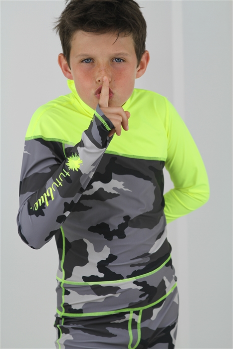 Boy's Full Body Swimsuit - UPF 50+ Sun Protective Swimwear - Grey Camo w/ Yellow