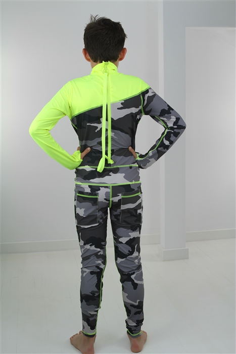 Boy's Full Body Swimsuit - UPF 50+ Sun Protective Swimwear - Grey Camo w/ Yellow