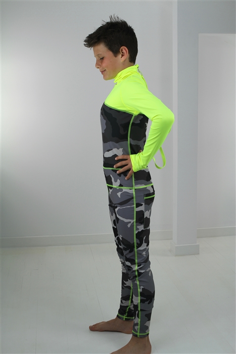 Boy's Full Body Swimsuit - UPF 50+ Sun Protective Swimwear - Grey Camo w/ Yellow