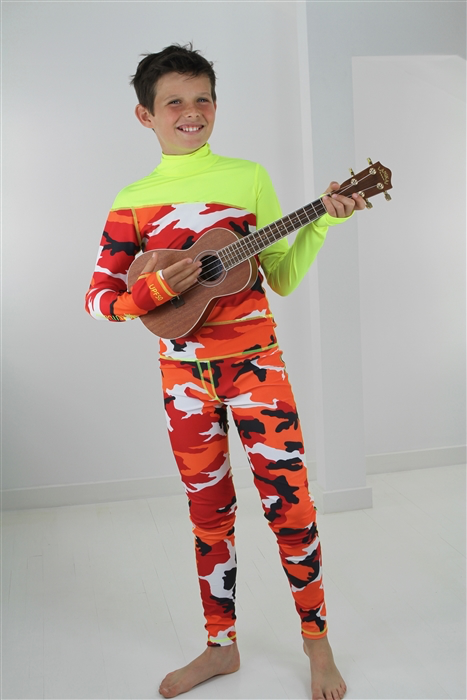 Boy's Full Body Swimsuit - UPF 50+ Sun Protective Swimwear - Red Camo w/ Yellow