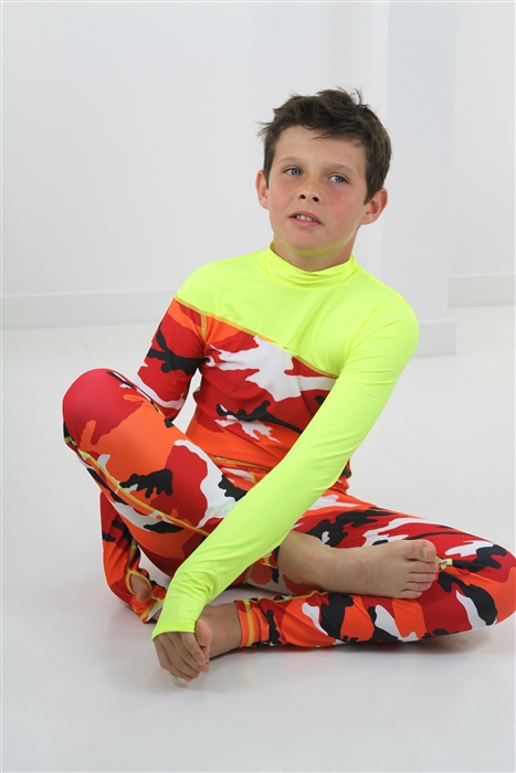Boy's Full Body Swimsuit - UPF 50+ Sun Protective Swimwear - Red Camo w/ Yellow