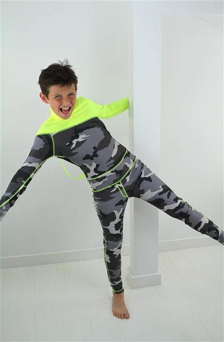 Boy's Full Body Swimsuit - UPF 50+ Sun Protective Swimwear - Grey Camo w/ Yellow