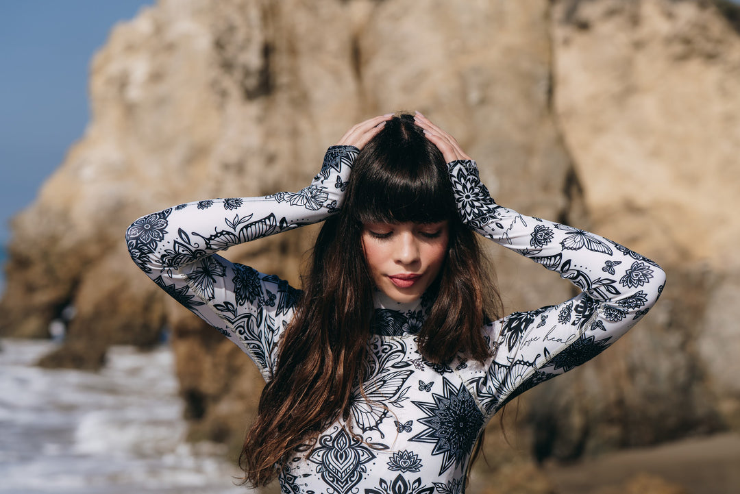 Women's UPF 50+ Sun Protective Long Sleeve "Shorty" Swimsuit - Foam Ink (PRE-SALE)