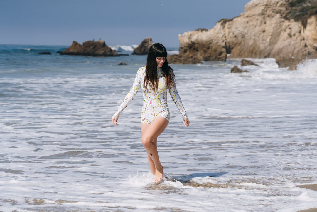 Women's UPF 50+ Sun Protective Long Sleeve "Shorty" Swimsuit - Secret Garden