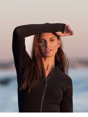 WOMEN'S SHORT BIKER LENGTH FRONT ZIP UPF50 SWIMSUIT  - BLACK