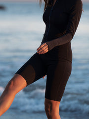 WOMEN'S SHORT BIKER LENGTH FRONT ZIP UPF50 SWIMSUIT  - BLACK