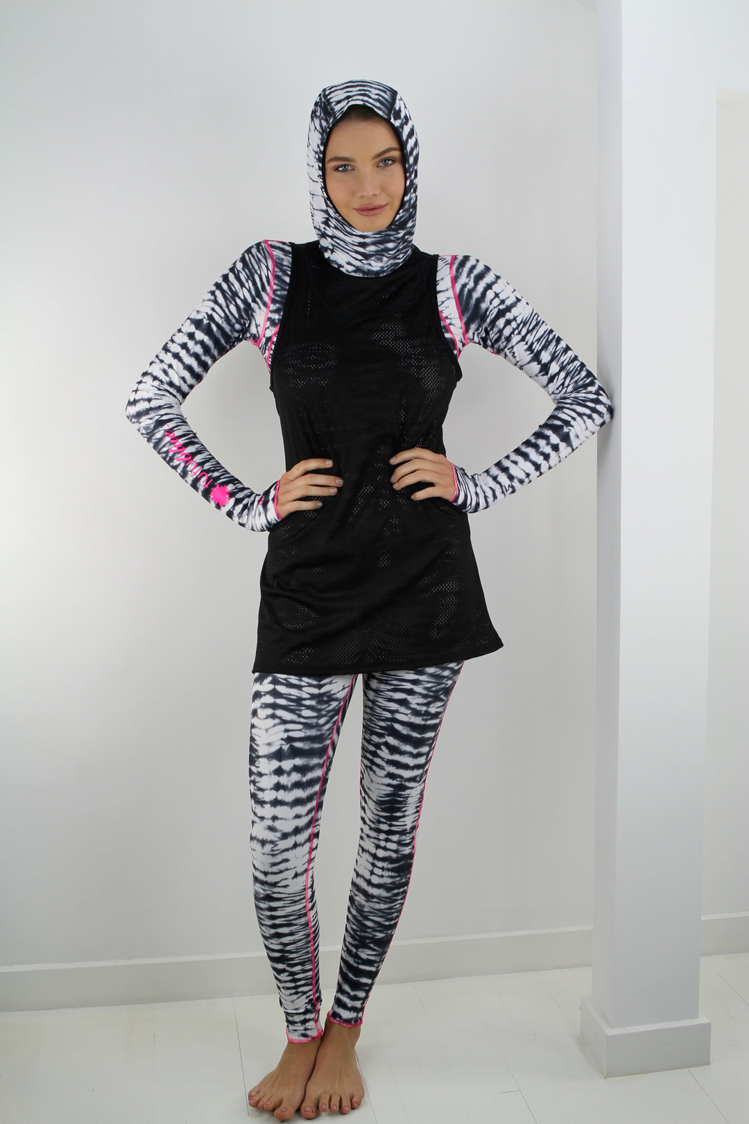 Black and White Hooded Mesh Tank