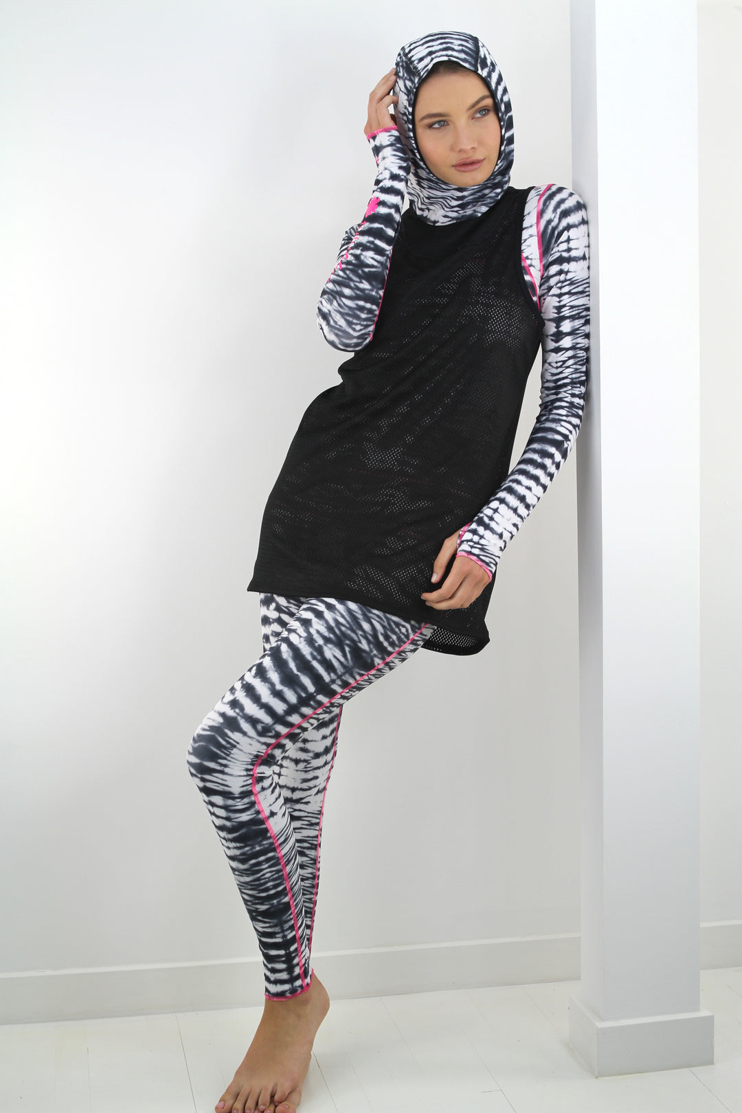 Black and White Hooded Mesh Tank