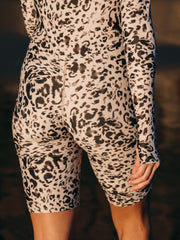 WOMEN'S SHORT BIKER LENGTH FRONT ZIP UPF 50 SWIMSUIT  -  SAND LEOPARD