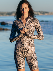 WOMEN'S SHORT BIKER LENGTH FRONT ZIP UPF 50 SWIMSUIT  -  SAND LEOPARD